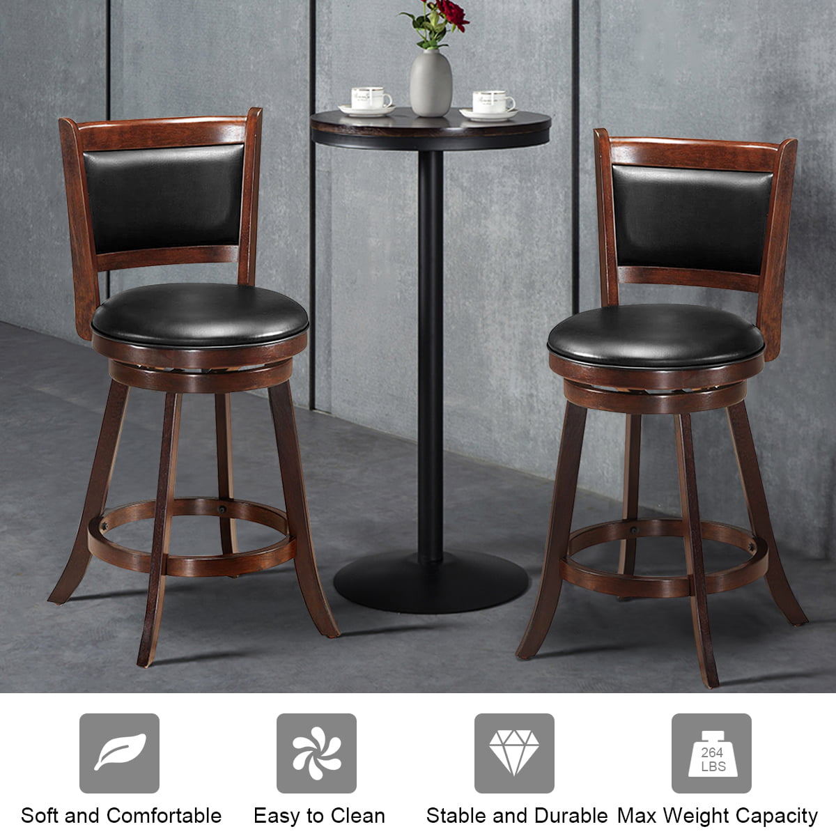 Costway Set of 2 24'' Swivel Counter Stool Wooden Dining Chair Upholstered Seat Espresso Panel back