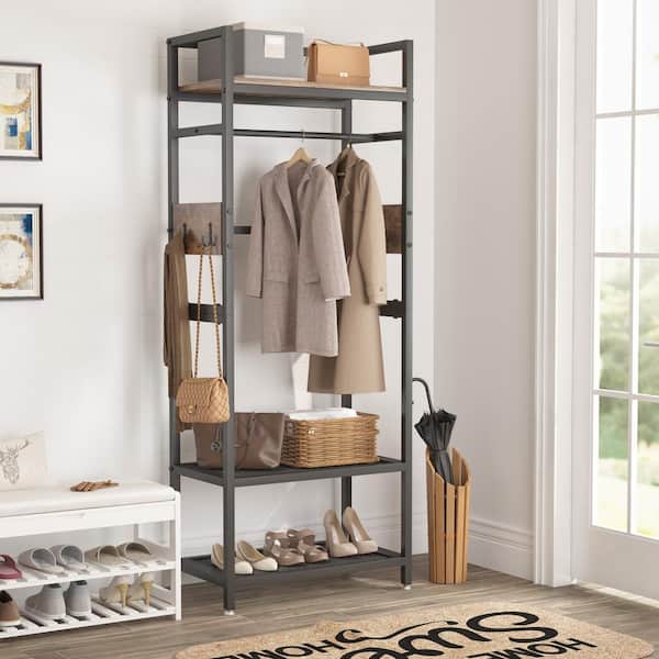 Carmalita Brown 69.29 in. Industrial Hall Tree Entryway Coat Rack with Shoe Storage Shelf and Hooks
