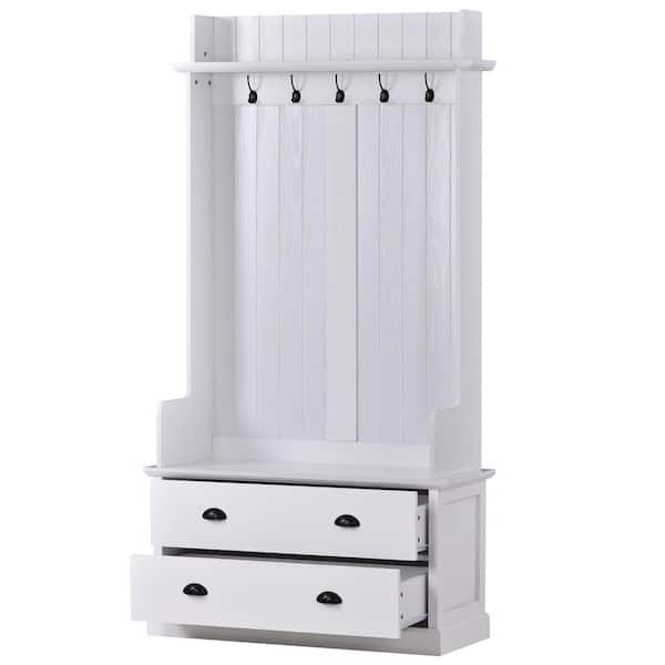 White Hall Tree with 5-Metal Hooks and 2-Large Drawers