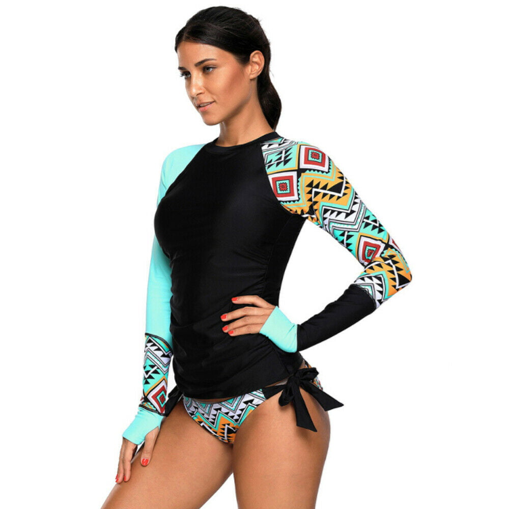 Women Long Sleeve UV Sun UPF 50+ RashGuard Top Two Piece Surfing Diving Swimsuit - S US(4-6)