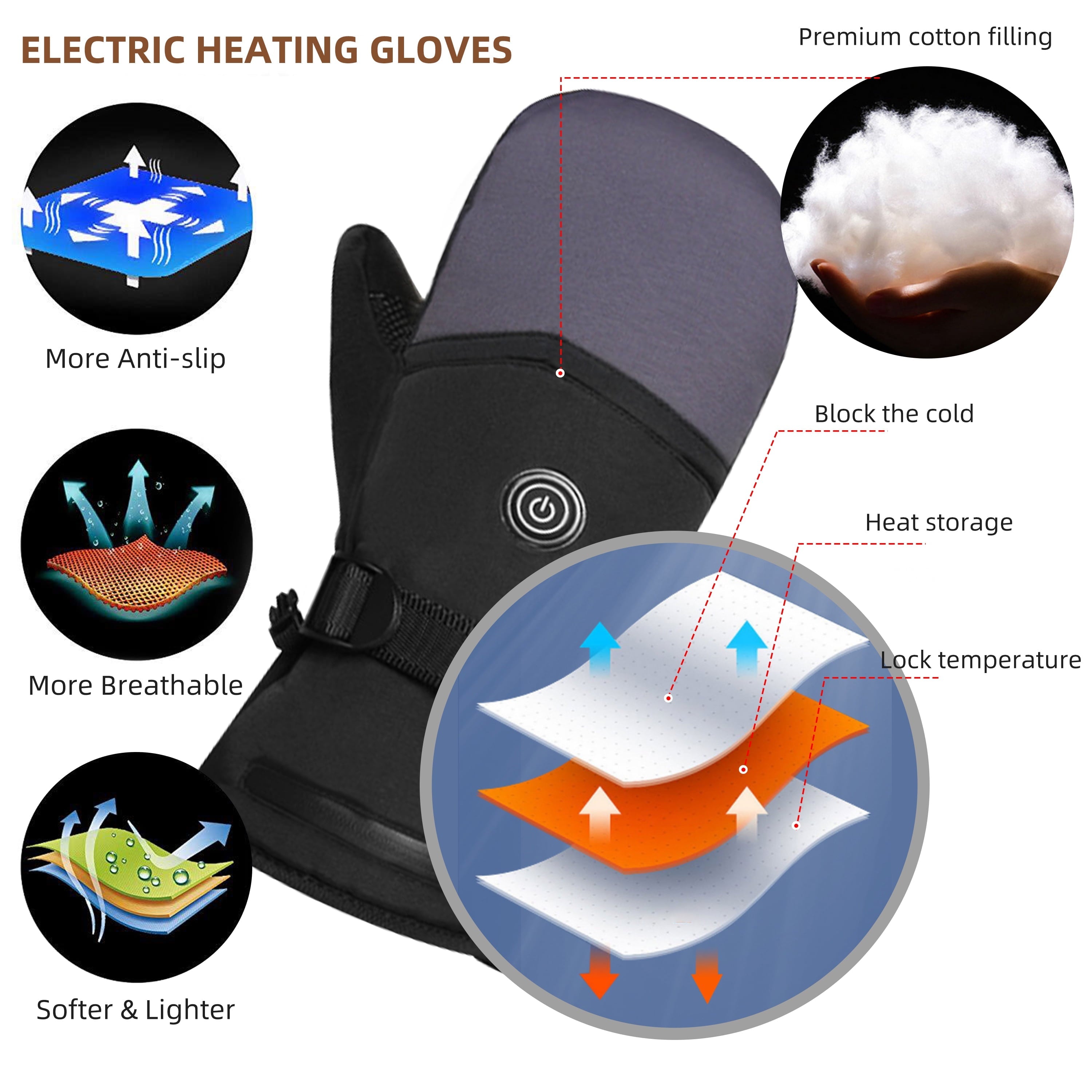 WZCPCV Electric Heated Gloves,Waterproof  Heated Mittens for Men Women,Ski Gloves with 3 Heated Level,Touchscreen Gloves,Professional Ski Gear Snow Gear,Black