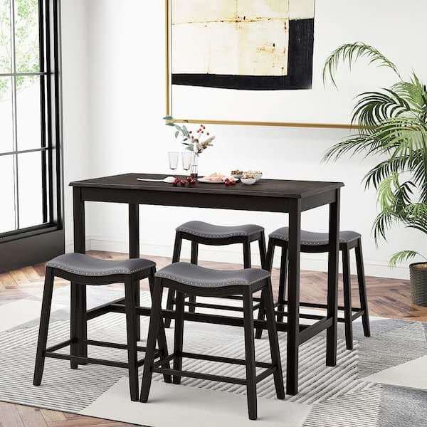 5-Piece Bar Table Set Counter Height Table & Upholstered Saddle Stools (Set for 4)