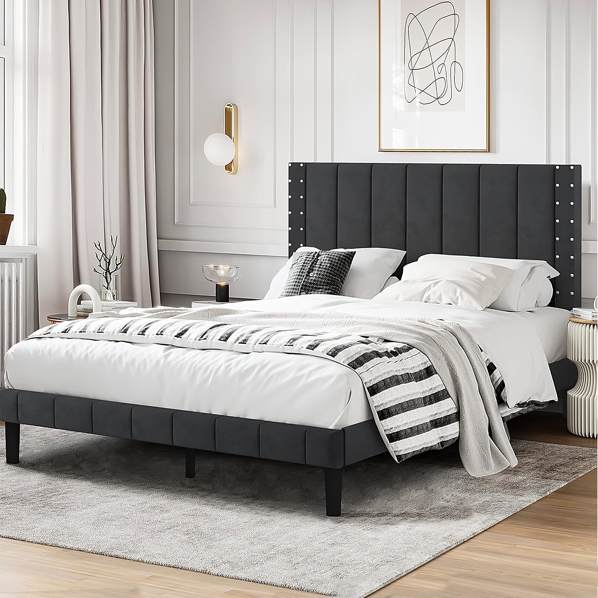 SYNGAR Full Bed Frame, New Upgrade Full Size Fabric Upholstered Platform Bed Frame with Elegant Headboard, Bedroom Furniture Wooden Frame Platform Bed Frame, No Box Spring Needed, Dark Gray