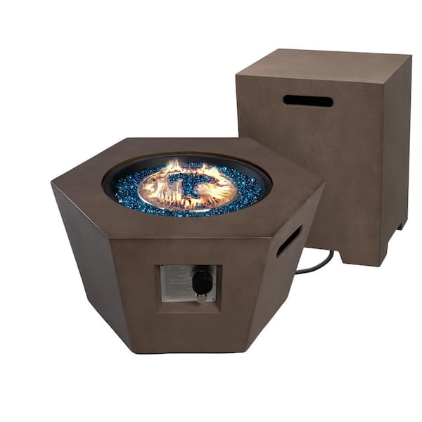 28 in. 40,000 BTU Dark Brown Hexagon Concrete Outdoor Propane Gas Fire Pit Table with Propane Tank Cover