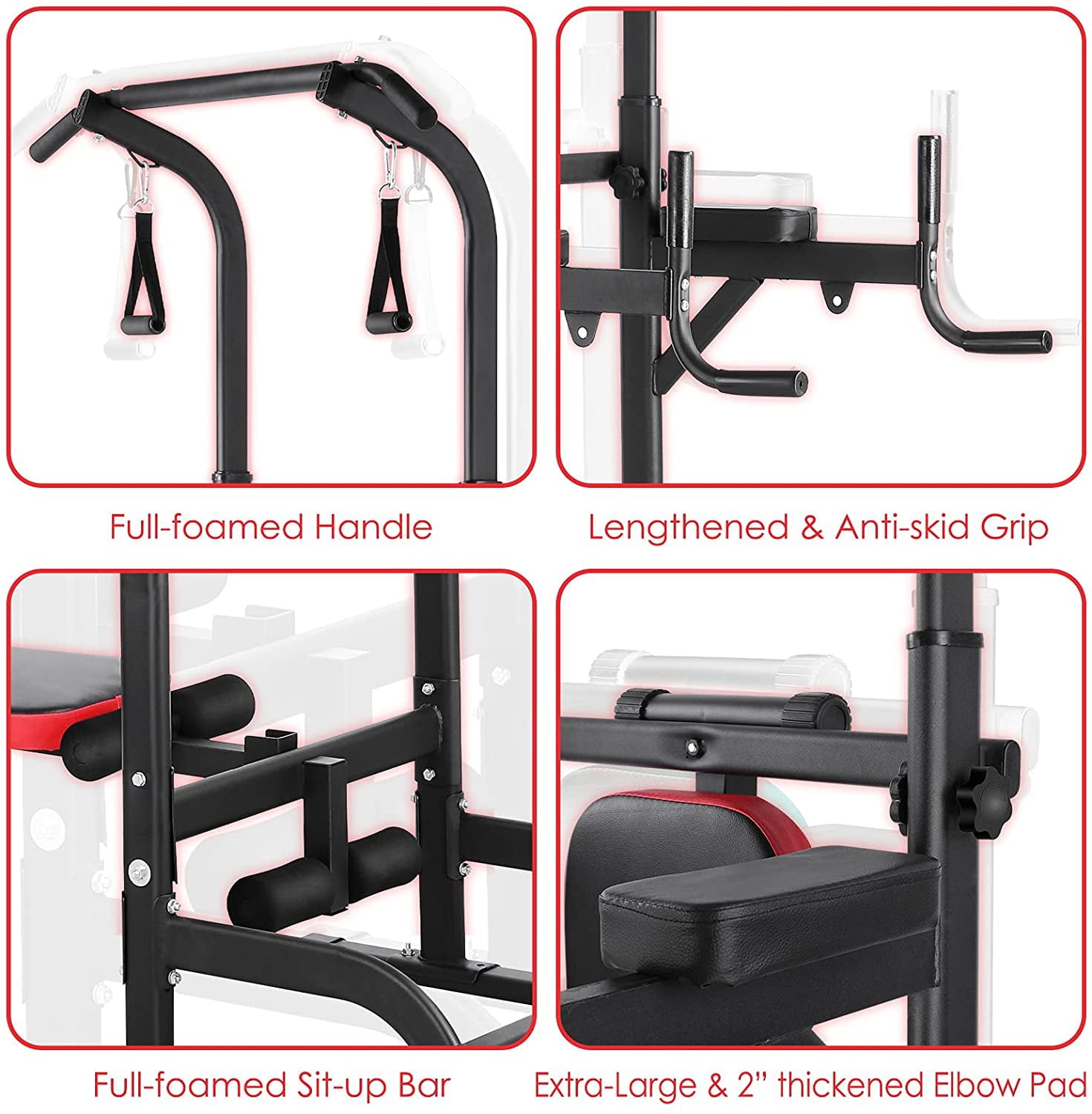 HOMFY Power Tower w/Sit Up Bench, Multifunction Dip Pull Up Bar Station, Heavy Duty Steel Frame w/Pull Rope 400lb