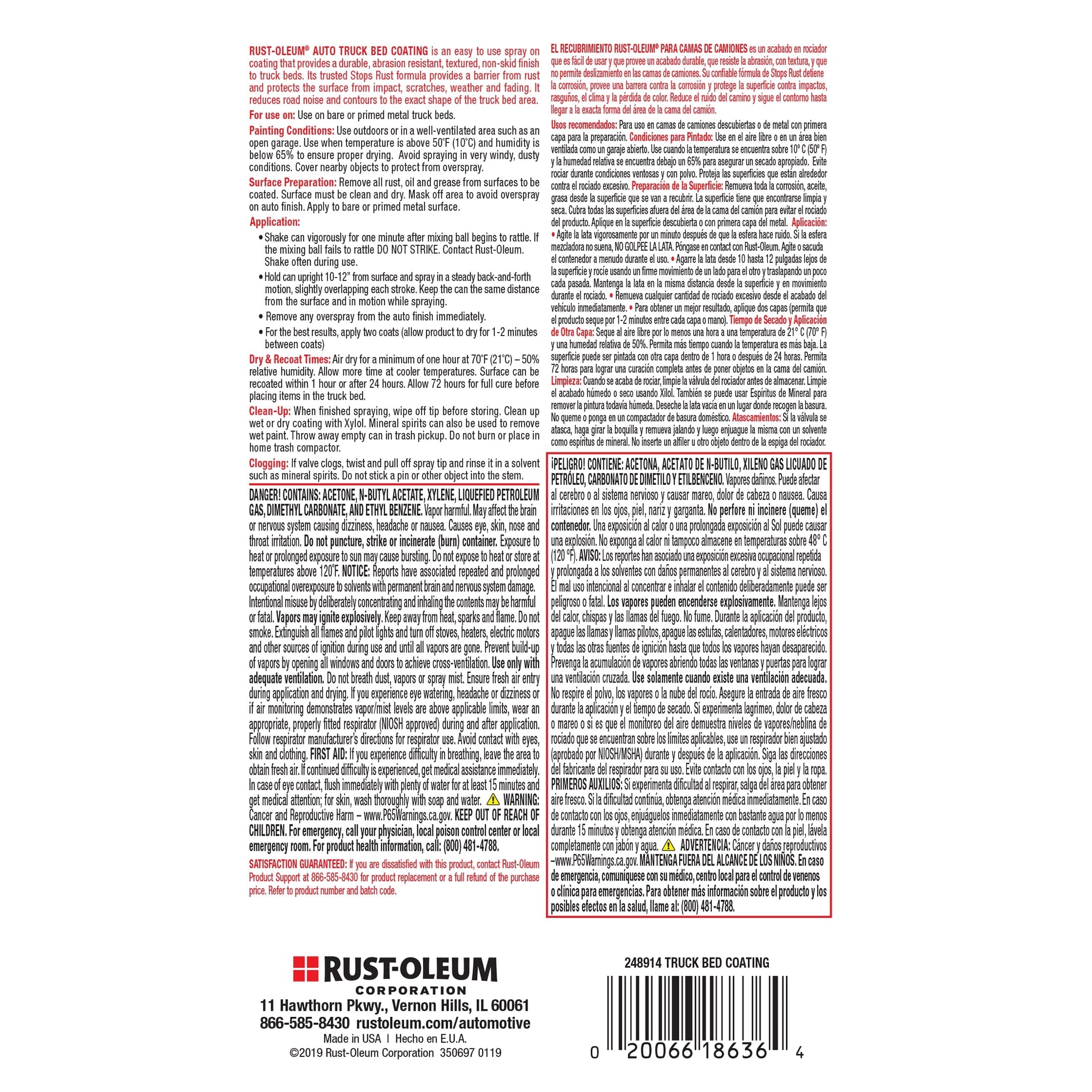 Black, Rust-Oleum Automotive Truck Bed Coating Spray Paint-248914, 15 oz