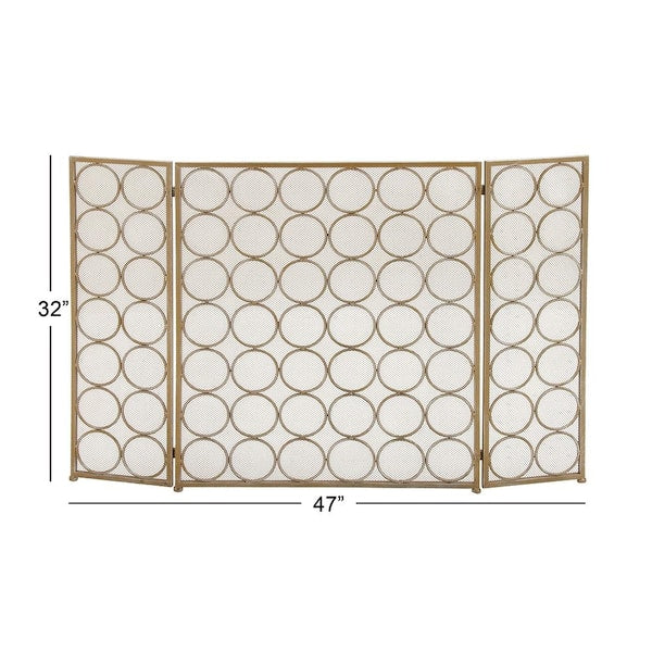 Brass Metal Geometric Foldable Mesh Netting 3 Panel Fireplace Screen with Circle Pattern