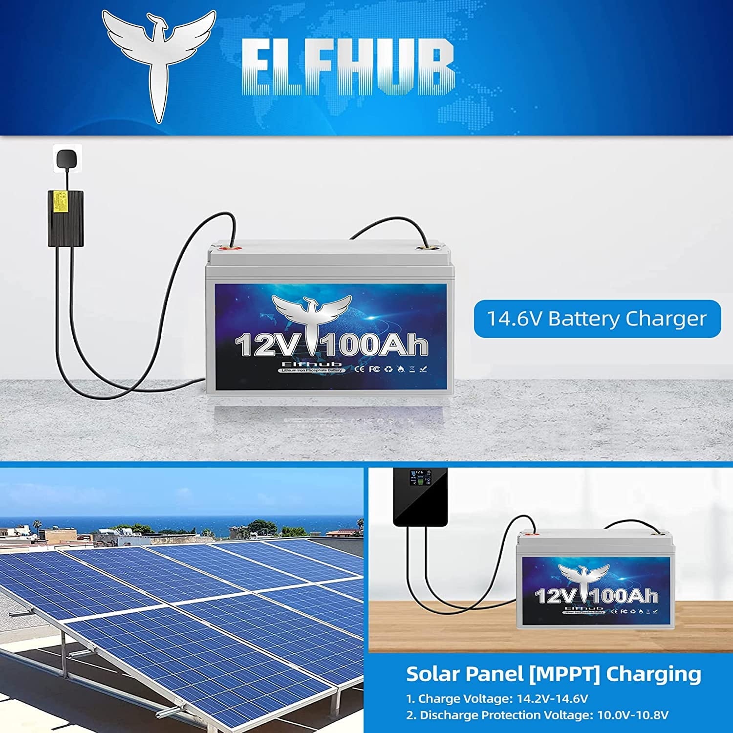 Elfhub 12V 100Ah Lithium Battery, 1280Wh LiFePO4 Battery with 100A BMS, Over 5000+ Rechargeable Cycles. Perfect for RV/Camper, Solar, Off-Grid, Boat, Marine, Trolling Motor, Road-Trip.Support 4S/8P