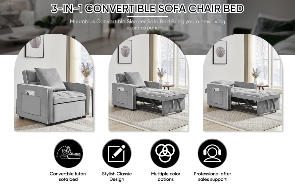 Muumblus Sleeper Sofa Chair Bed, 3-in-1 Convertible Sofa Chair with Pull Out Bed, Modern Adult Velvet Pull Out Sofa Bed for Living Room Apartment Small, Gray