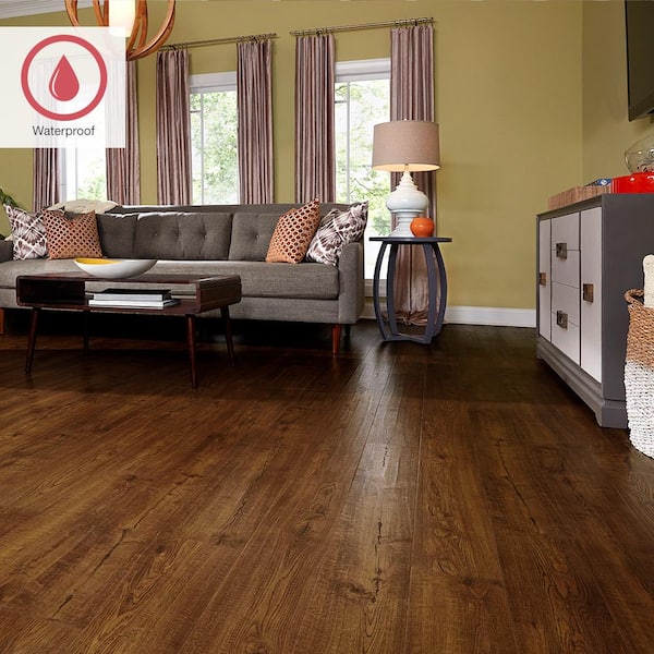 Outlast+ Auburn Scraped Oak 12 mm T x 6.1 in. W Waterproof Laminate Wood Flooring (16.1 sqft/case)