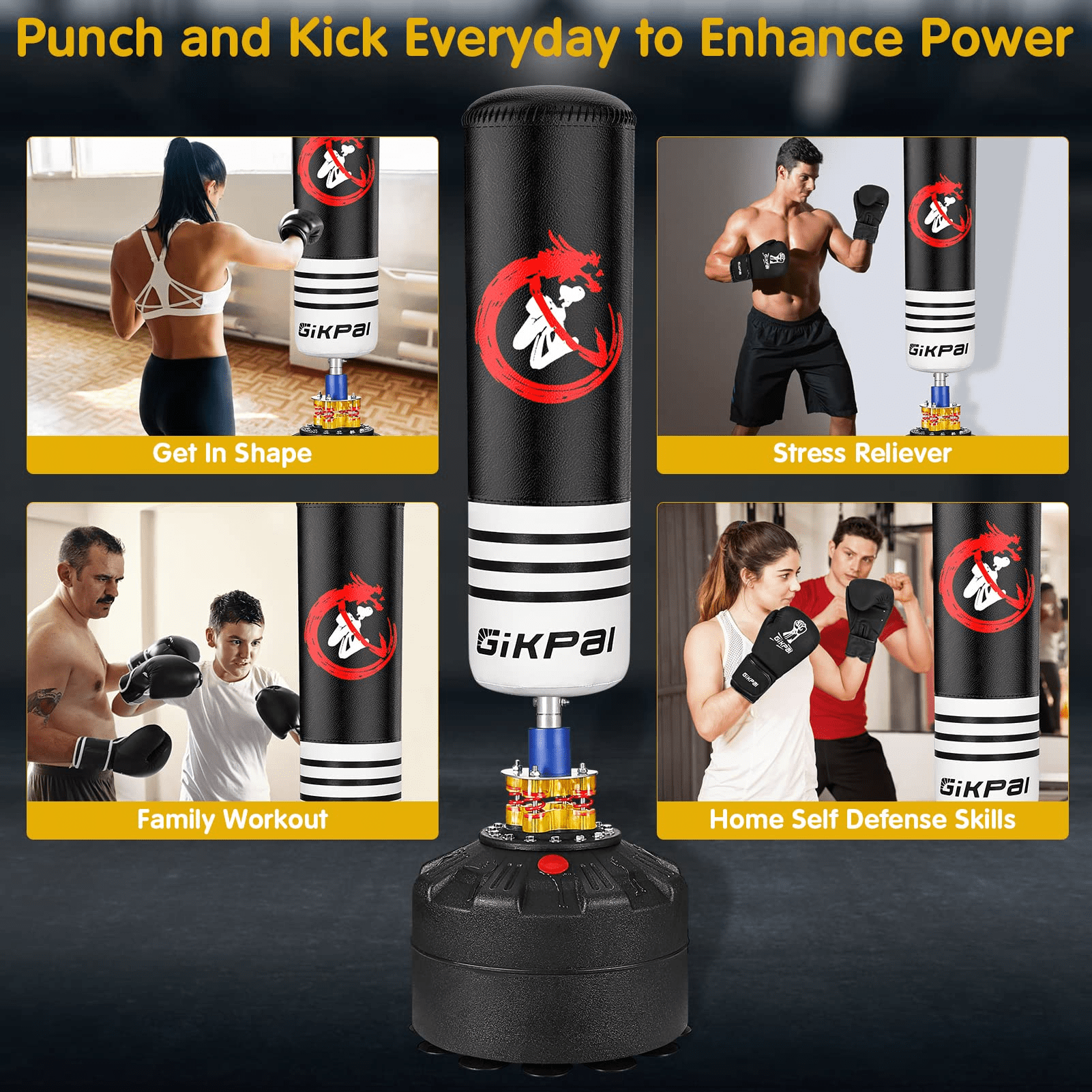 GIKPAL Freestanding Punching Bag 69'' - 182lbs with Stand, Heavy Boxing Bag with Suction Cup Base for Adult Youth Kids Stand Kickboxing Bag, Black