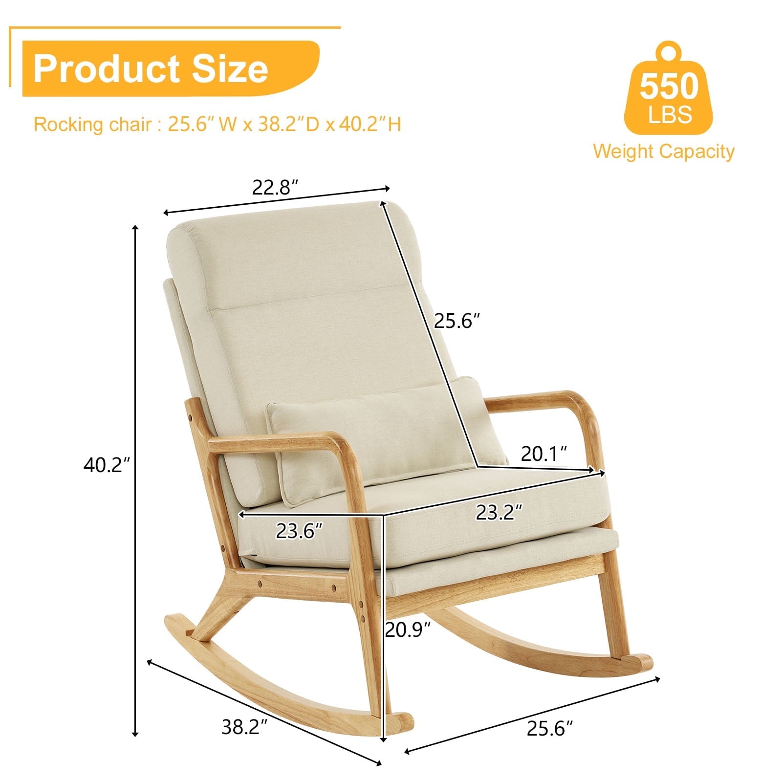 Ktaxon Mid Century Rocking Nursery Chair Solid Wood Frame Accent Chair, Line fabric Upholstered Glider Rocker Modern Padded Armchair with Lumbar Pillow Beige