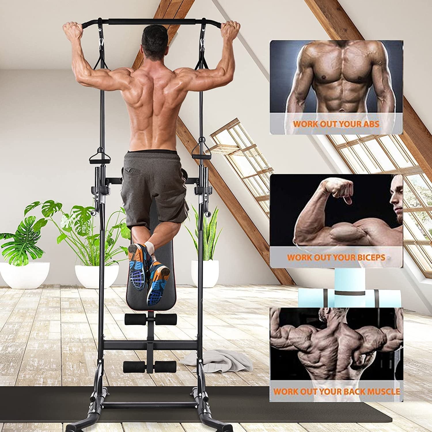 Increkid Foldable Power Tower Adjustable Height Pull up Bar Dip Station Strength Training