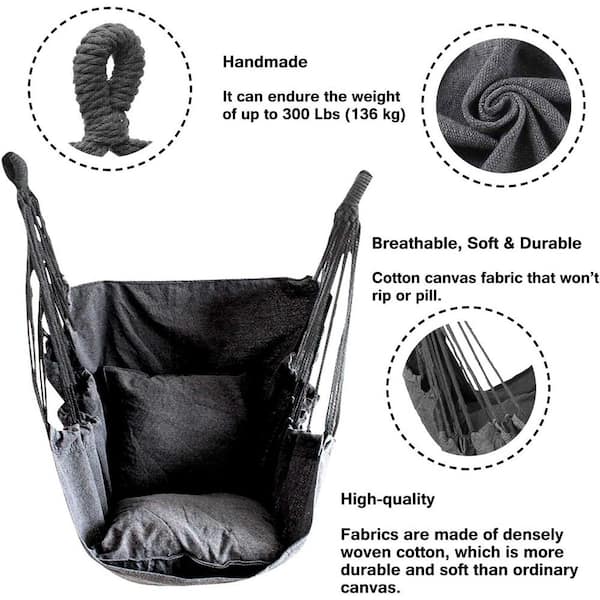 Hammock Chair Hanging Rope Swing, Max 300 lbs. Hanging Chair with Pocket- Quality Cotton Weave (Dark Gray)