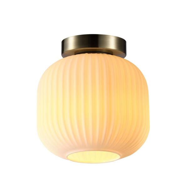8 in. 1-Light Matte Brass Flush Mount Ceiling Light with Frosted Ribbed Glass Shade