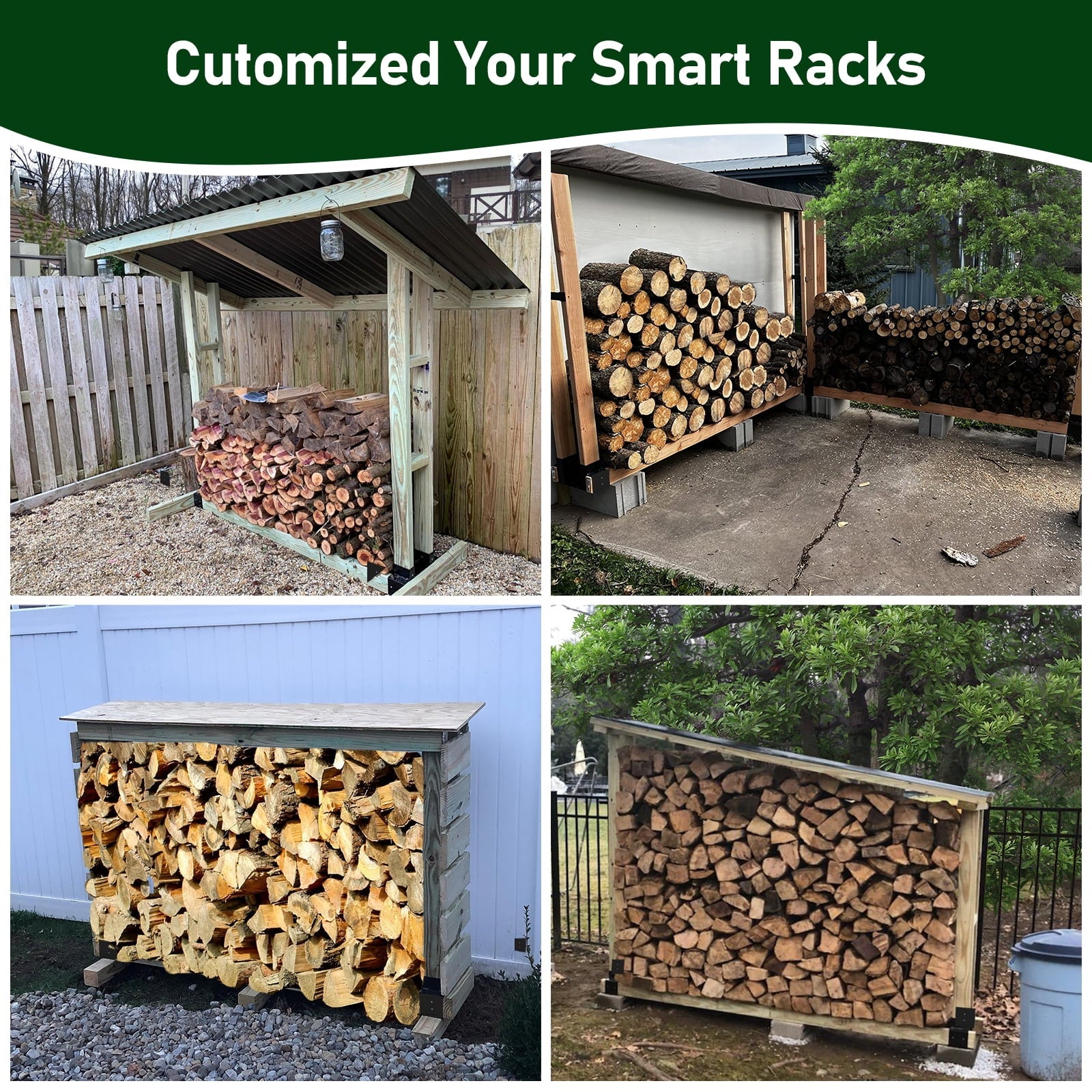 TRAMULL Outdoor Firewood Log Rack Bracket Kit, Fireplace Wood Storage Holder - Adjustable to Any Length (2-Bracket Kit)