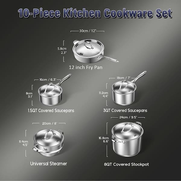 10 Piece Multi-Ply Clad Stainless Steel Cookware Set
