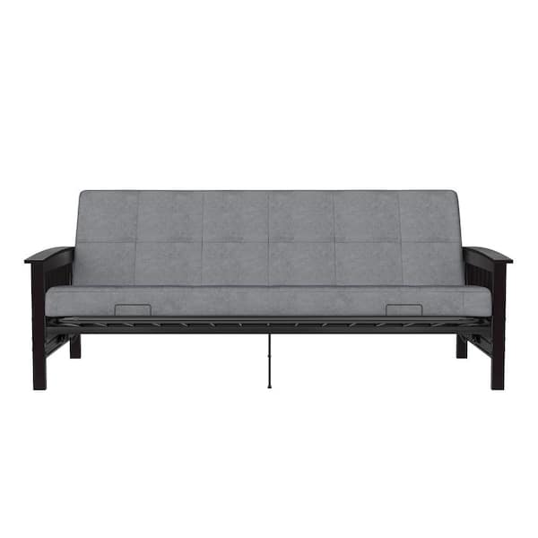 6 in. Brixen Espresso Wood Arm Metal Futon Frame with Poly NIt Mattress, Full, Gray