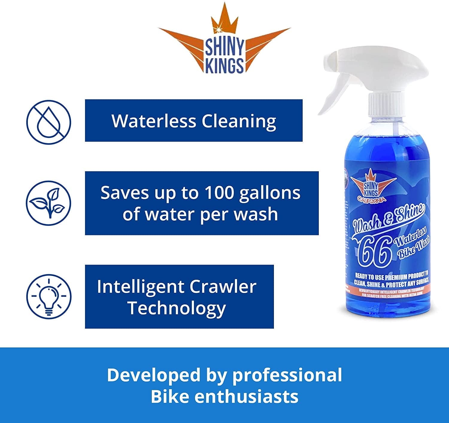 Shinykings Wash&Shine 66 WATERLESS Motorcycle cleaner as Cleaning Kit 16.9 fl.oz with Premium cleaning cloth