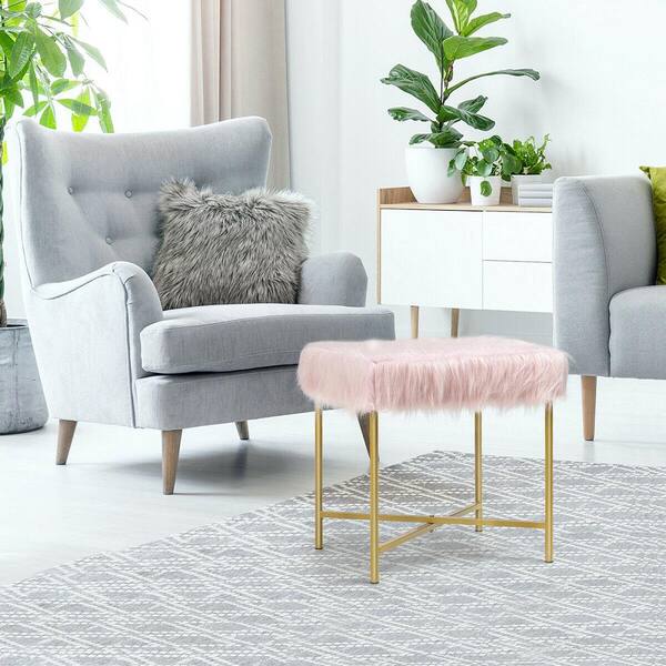 Pink Decorative Ottoman Stool Footrest with Gold Metal Legs