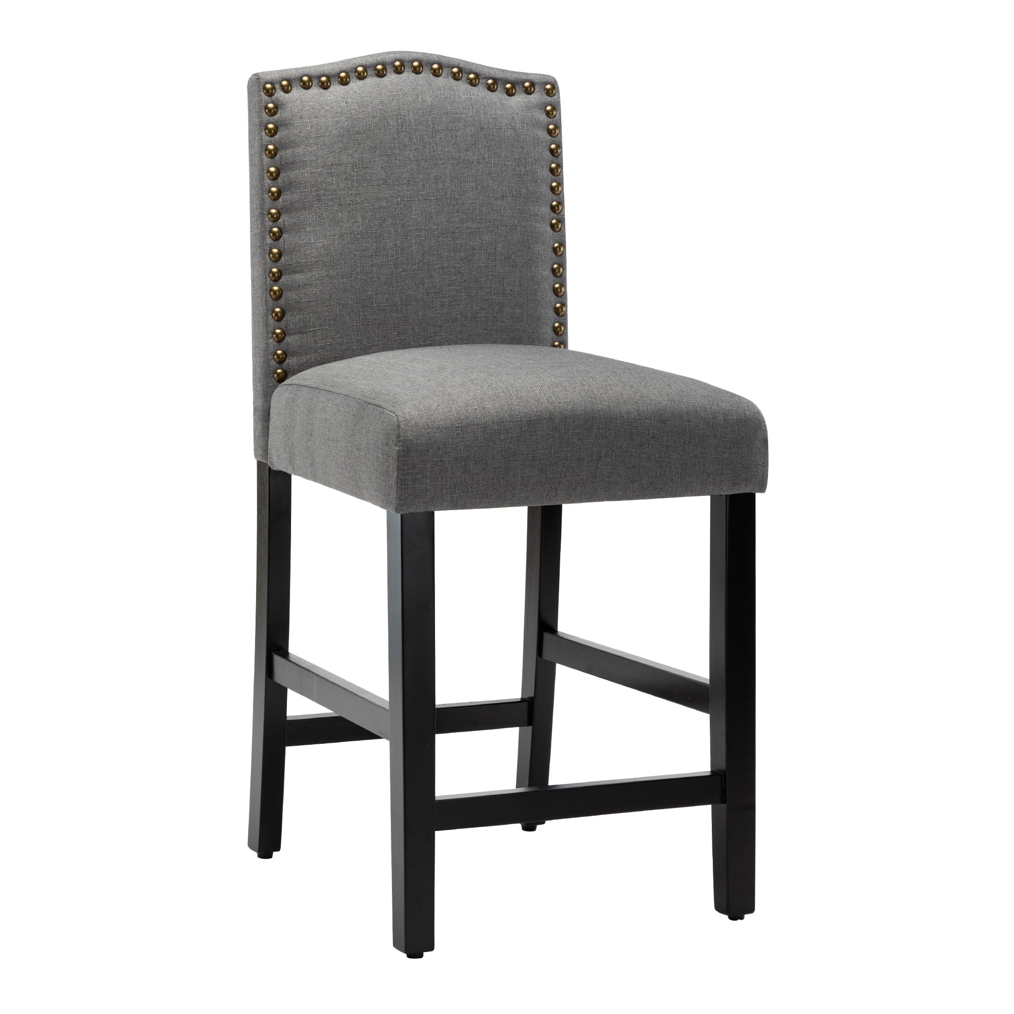Wooden Counter Height Fabric Upholstered Bar Stool with Nail Head Trim, Gray, Set of 2