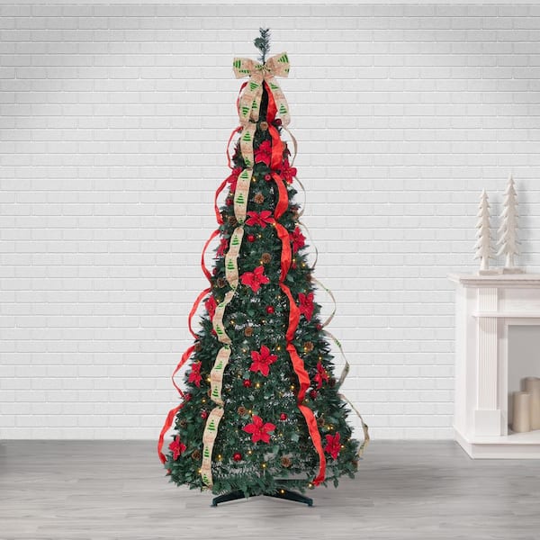 7.5 ft. High Decorated Green Pop Up Pre-Lit Pine Artificial Christmas Tree with 200 Warm White Lights