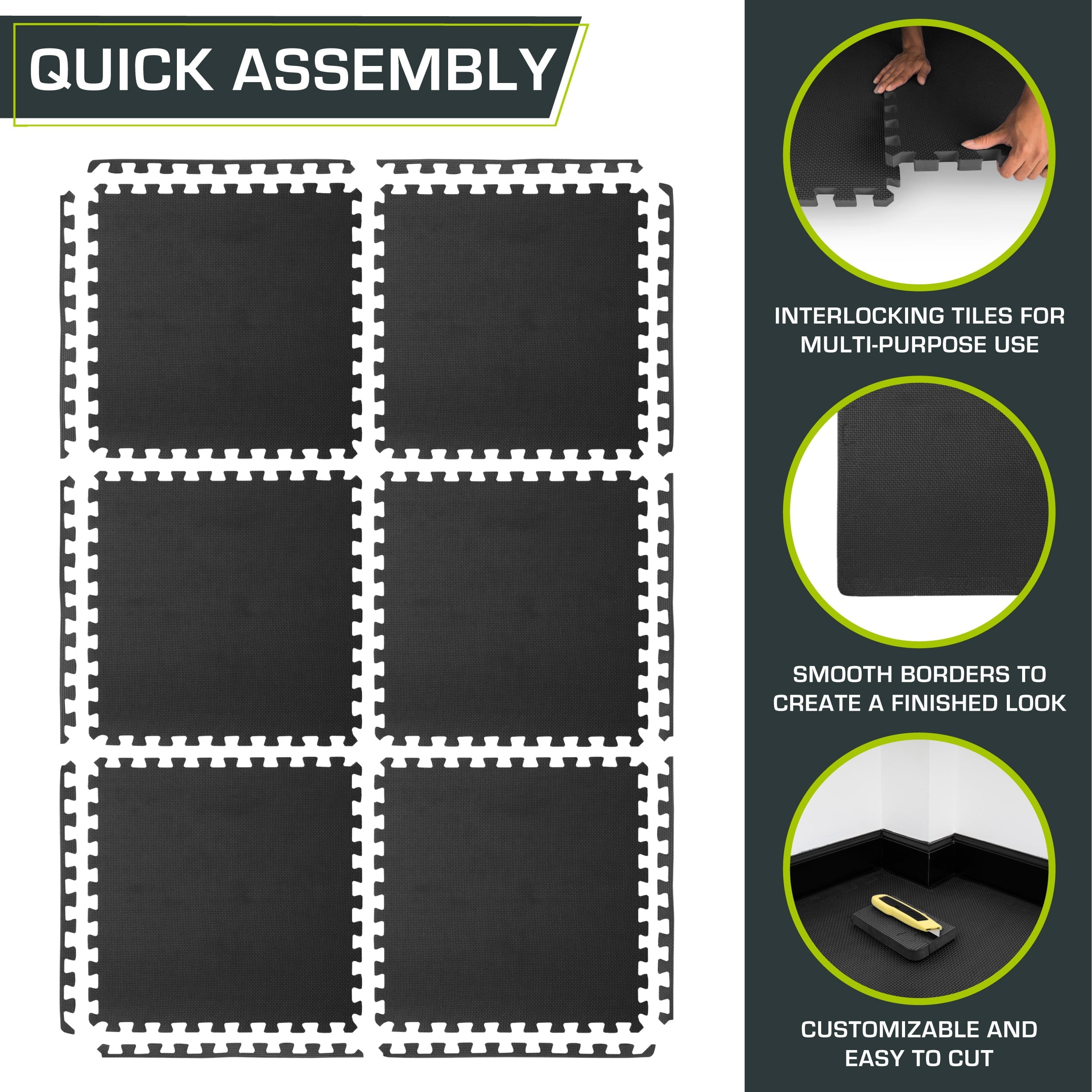 ProsourceFit Exercise Puzzle Mat 1-in, Black, 24 Sq ft - 6 Tiles