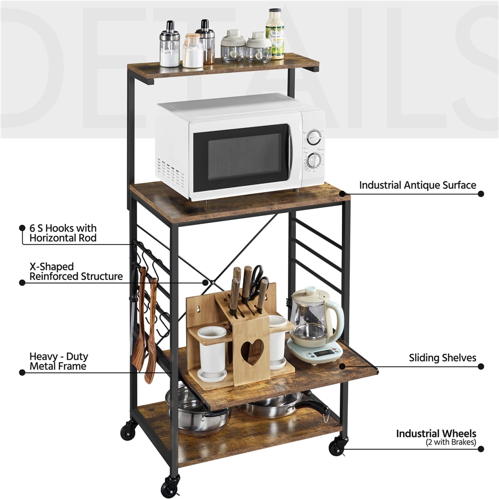 Easyfashion Kitchen Baker's Rack with Side Hooks, Rustic Brown