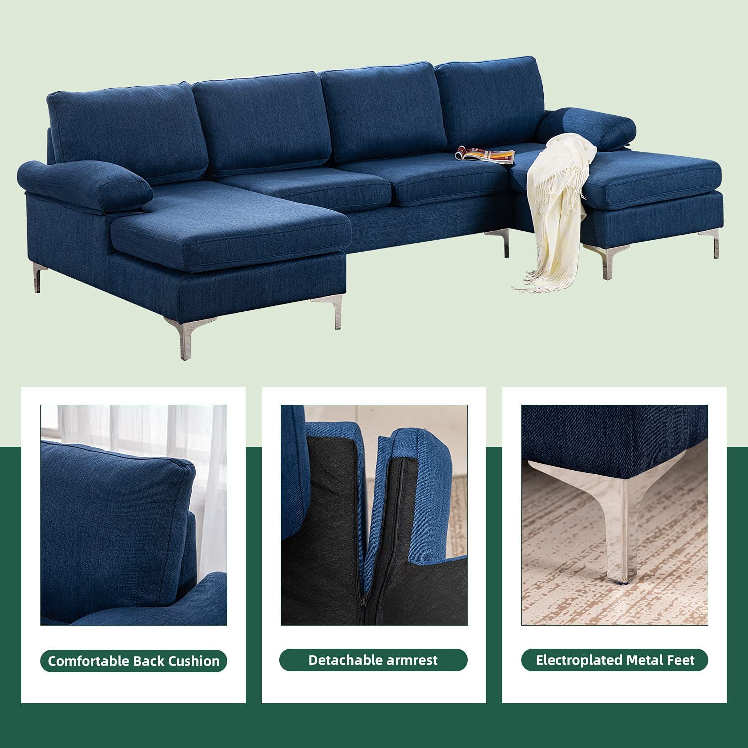 Hommow Linen U-Shape Sectional Sofa, Fabric Couch for Living Room Apartment, Blue