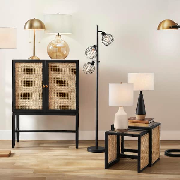 Saddlebrook 21.5 in. Cream Ceramic and Faux Wood Table Lamp with White Fabric Shade