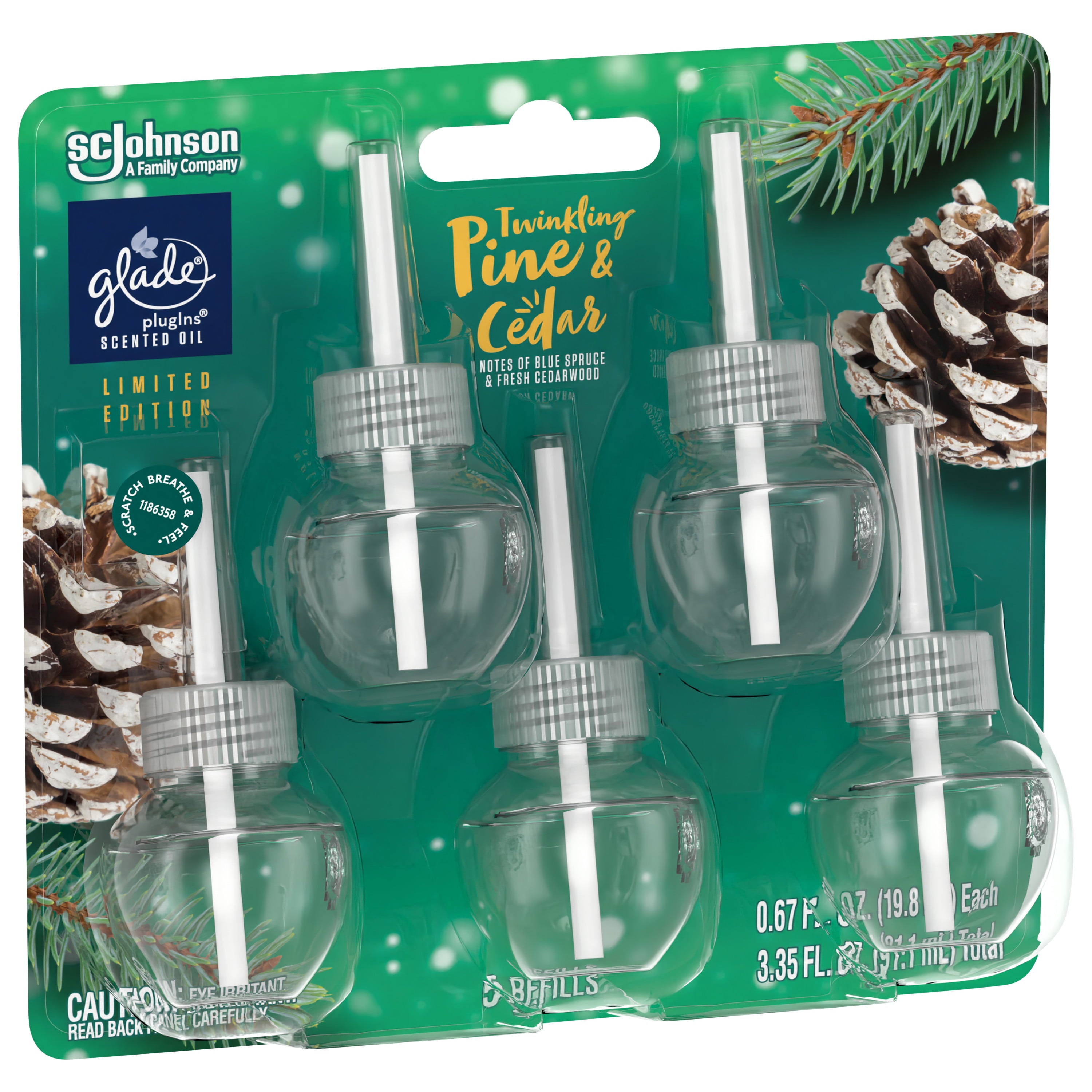 Glade PlugIns Scented Oil, Air Freshener, 5 Refills, Twinkling Pine & Cedar, 0.67 oz Each, 3.35 oz Total