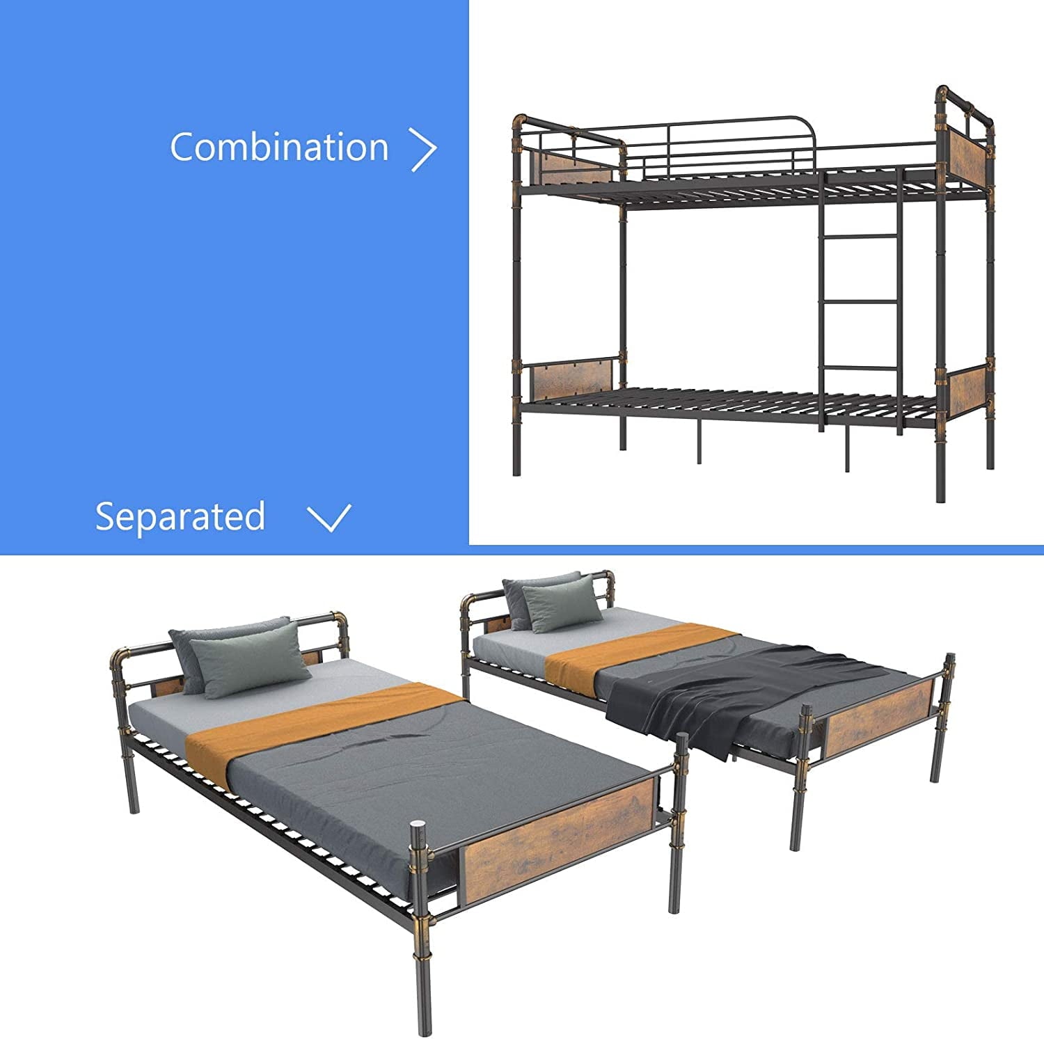 Alohappy Twin Over Twin Bunk Bed, Convertible Twin Bunk Beds Into 2 Individual Bed, Removable Ladder & Safety Guard Rail for Kids, Modern Industrial Style, Easy Assembly, No Box Spring Needed (Brown)
