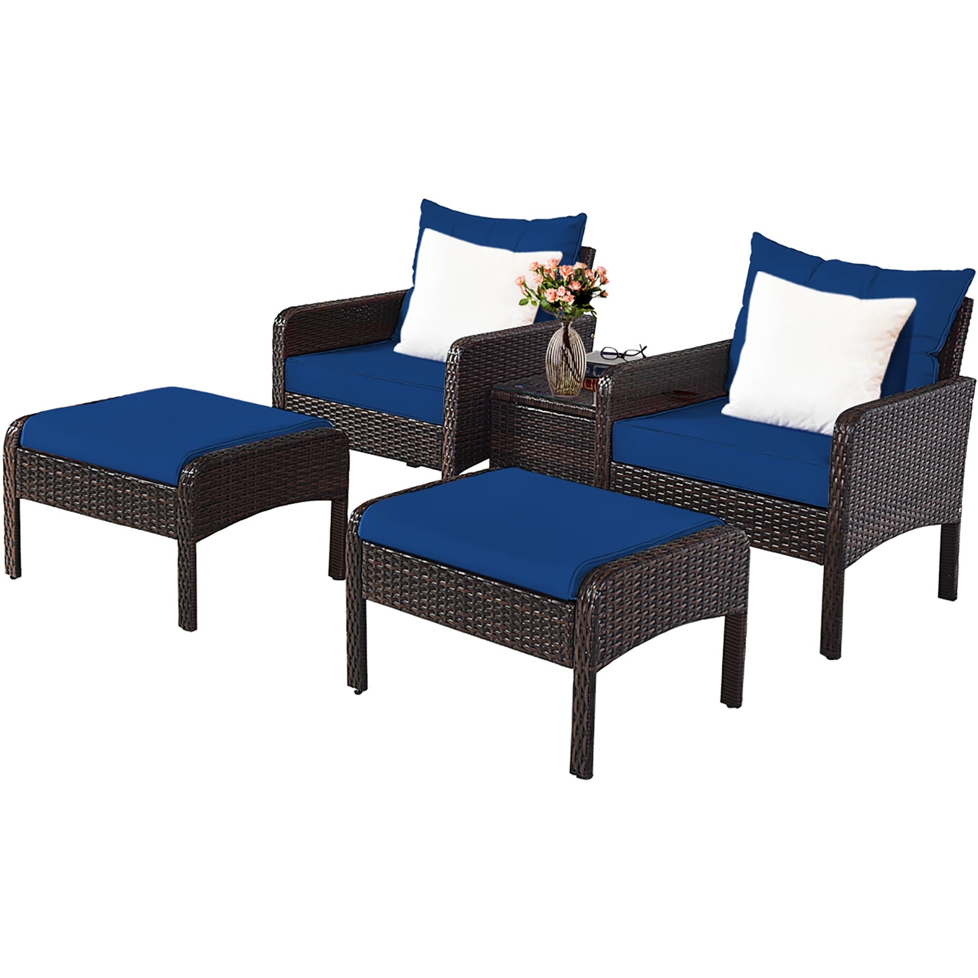 Costway 5 PCS Patio Rattan Wicker Furniture Set Sofa Ottoman Coffee Table Cushioned Navy