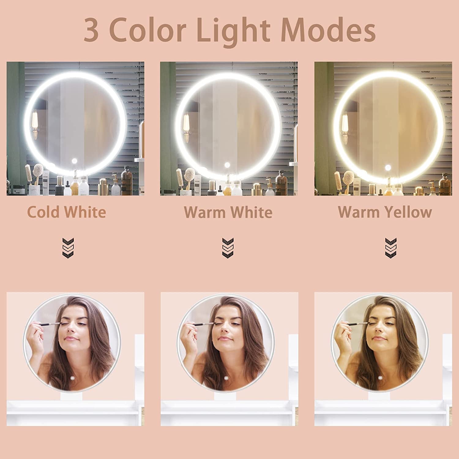 Tiptiper Vanity Mirror with Lights and Table Set, Makeup Vanity with 3 Color Lighting Modes and Charging Station, Vanity Desk with Nightstand and Open Shelves