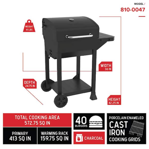 Cart-Style Charcoal Grill in Black with Side Shelf