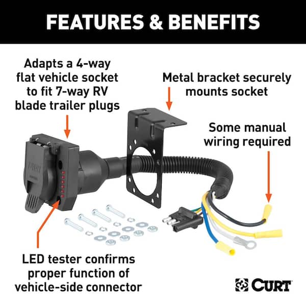 Electrical Adapter with Tester (4-Way Flat Vehicle to 7-Way RV Blade Trailer)