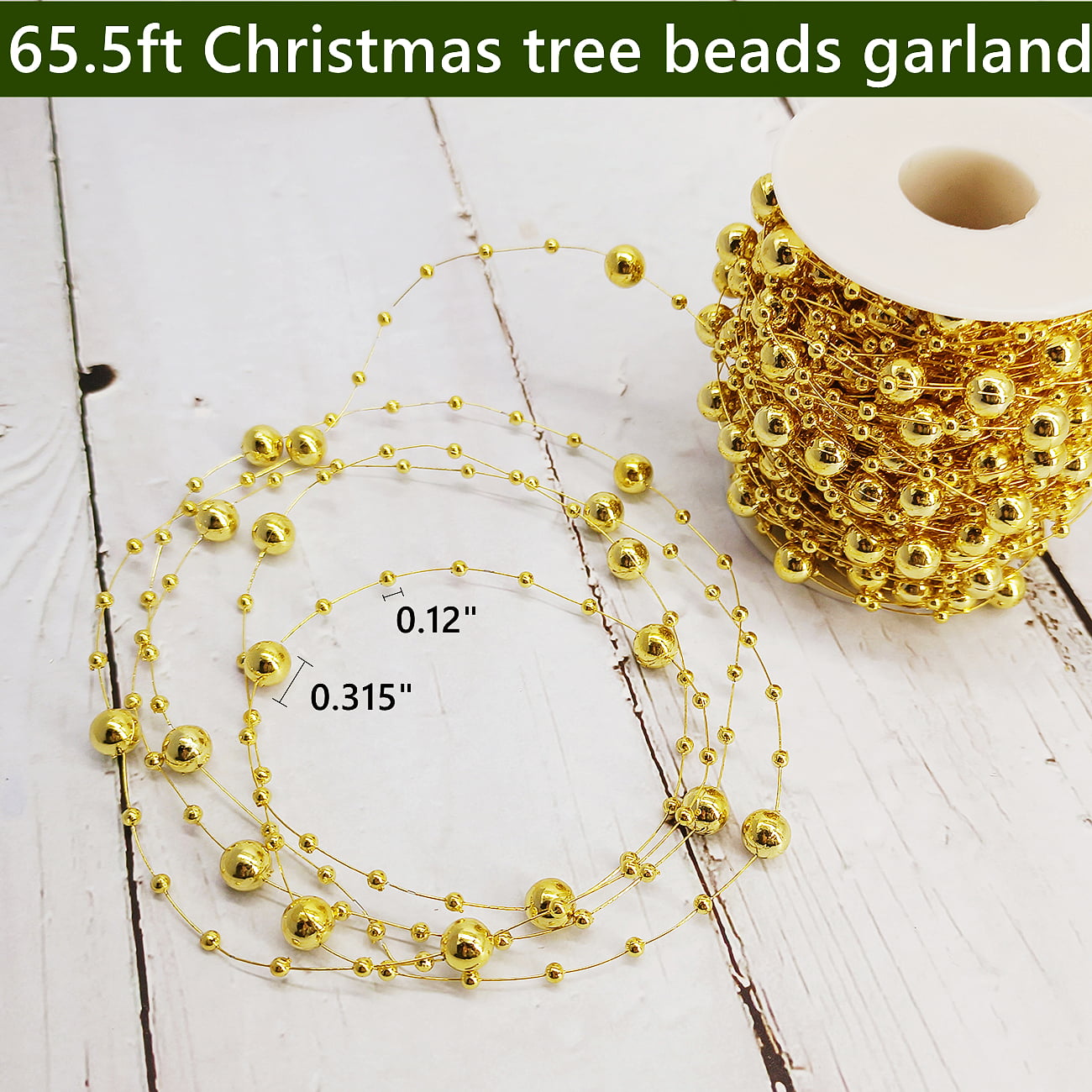 Christmas Tree Garlands Beads Decorations Plastic Tree Ribbon Pearl String Strands Chain for Christmas Wedding Decoration 65.5Ft Gold