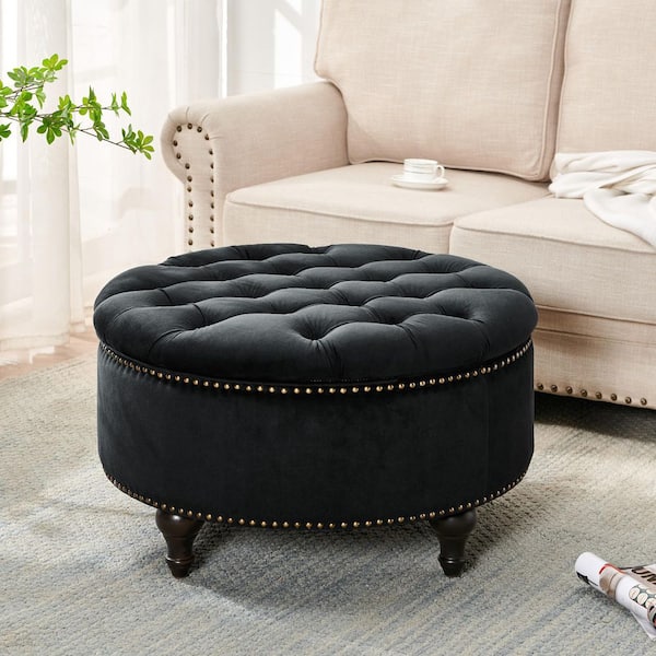 SIDA 30 in. Round Storage Ottoman, Modern and Luxury Velvet Style, Nail Head Tufted Seating, Footrest Stool Bench, Black