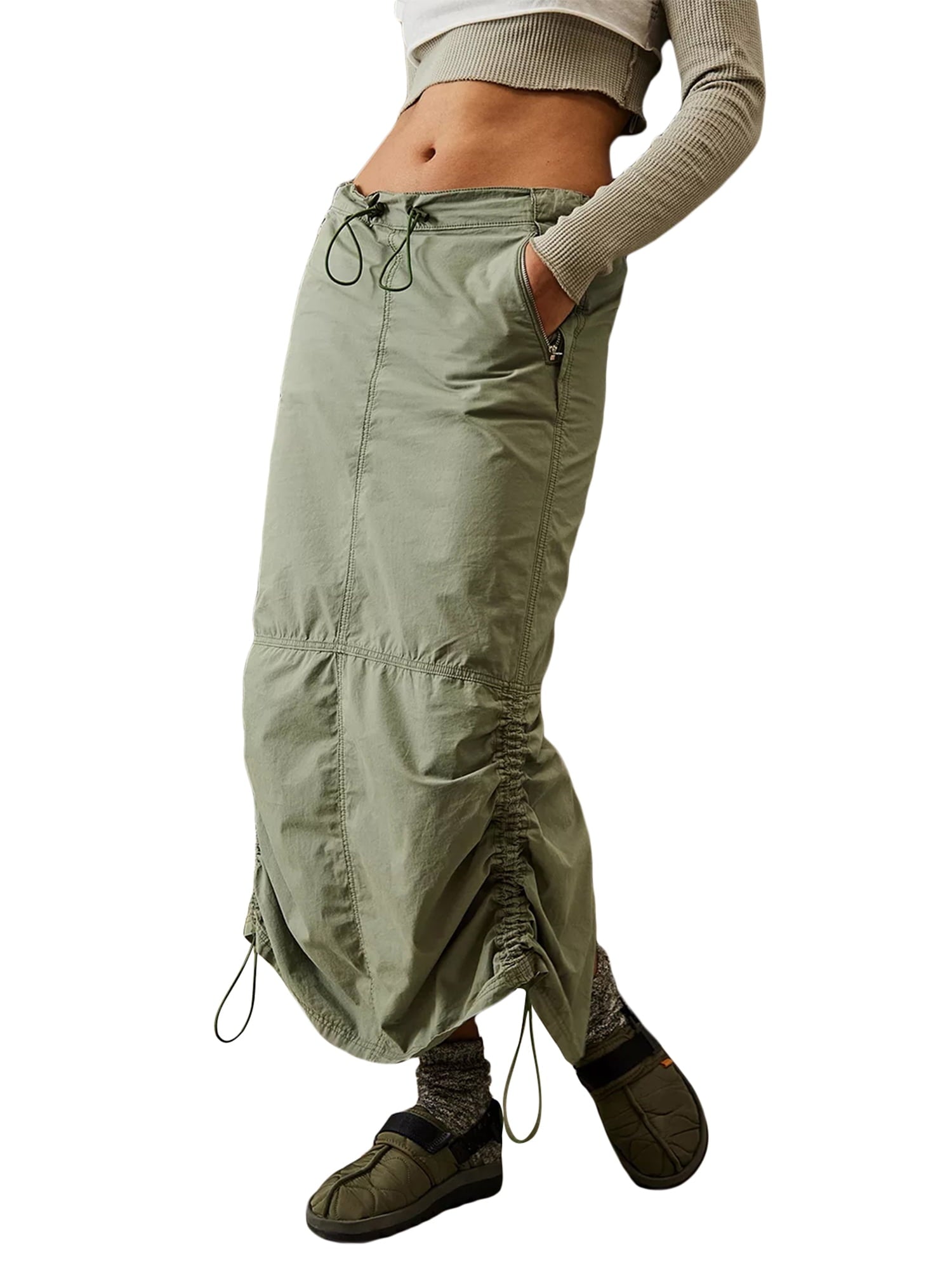KelaJuan Women Cargo Skirt Summer Casual Elastic Drawstring Ruched Long Skirt with Pockets