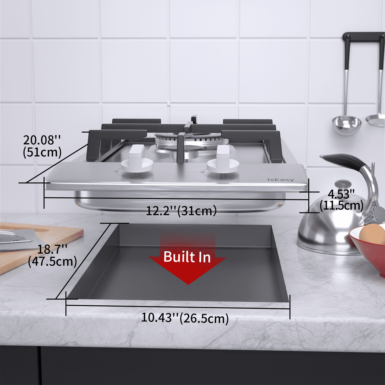 IsEasy Gas Cooktop, 12” 2 Burners Gas Hob, Stainless Steel Built-in Gas Hob Stove Top with NG/LPG Dual Fuel Conversion Kit