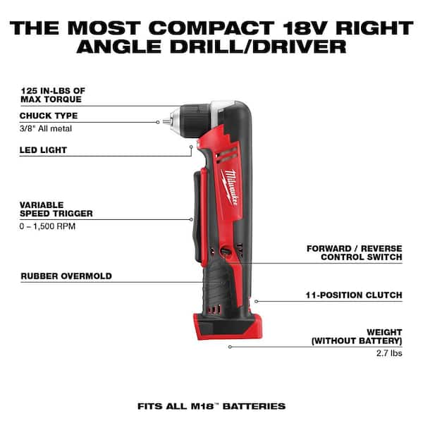 M18 18V Lithium-Ion Cordless 3/8 in. Right-Angle Drill (Tool-Only)