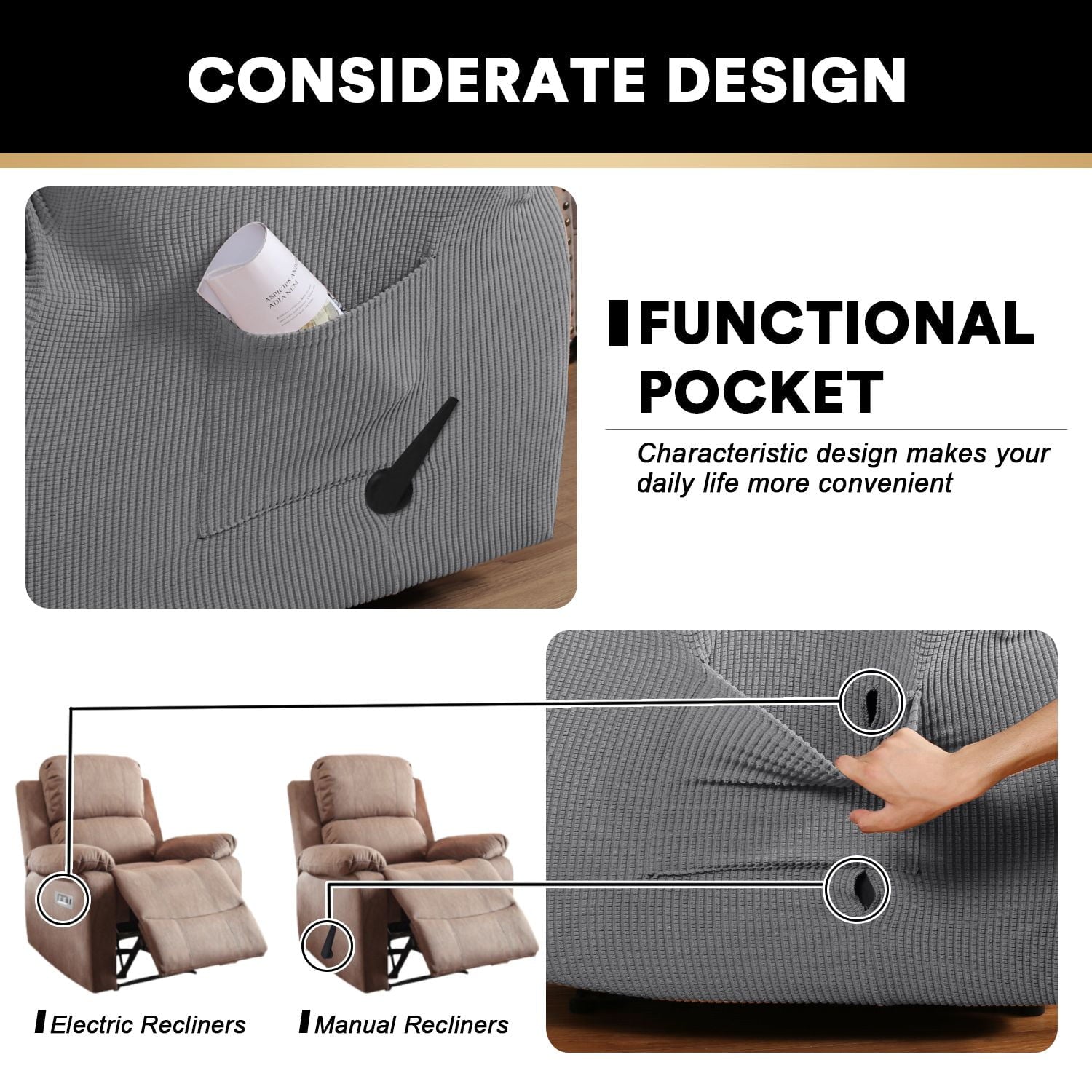 H.VERSAILTEX Stretch Fabric Checked Jacquard Recliner Slipcover, Charcoal Gray