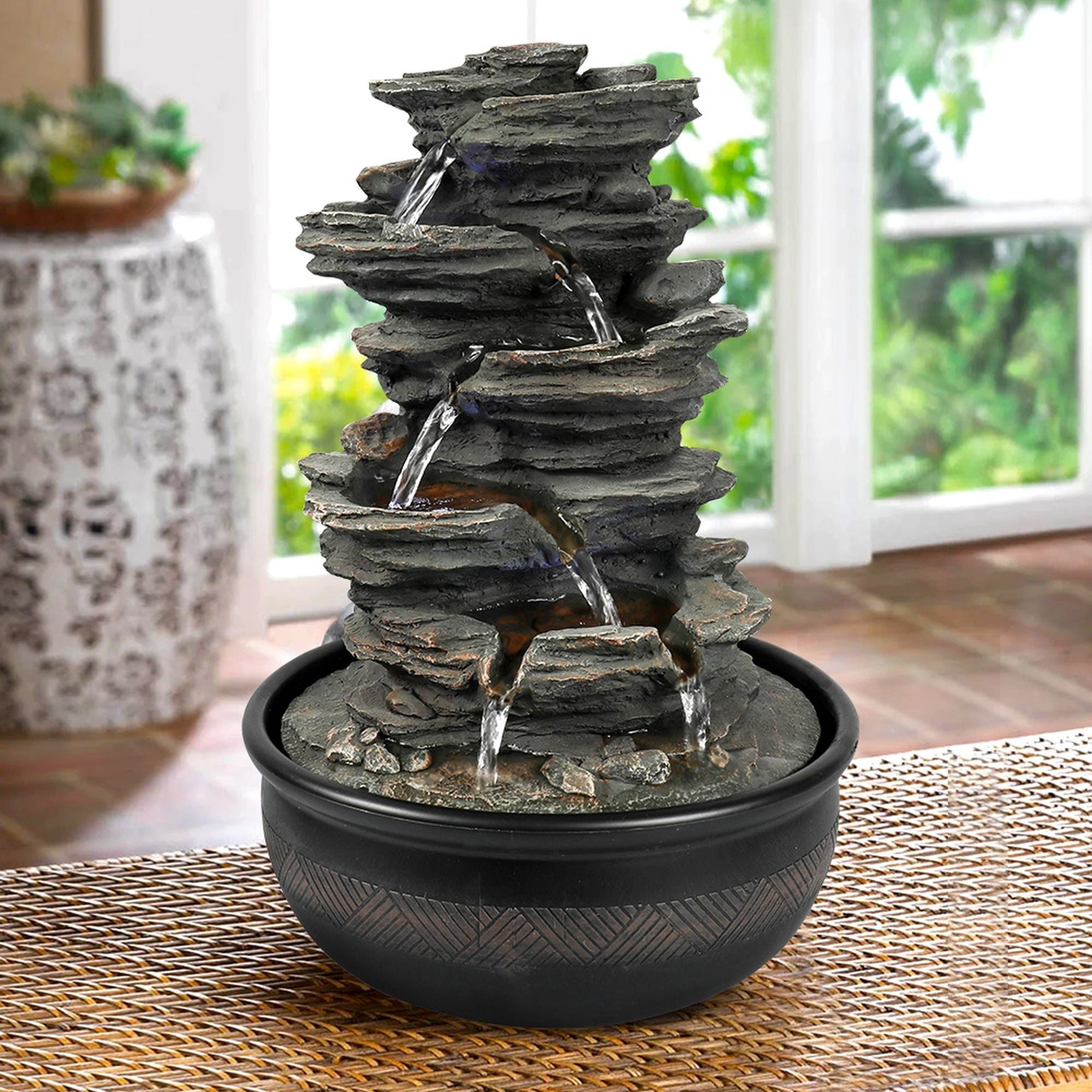 Willwolf Tabletop Water Fountain with LED Light, Indoor Rock Resin Fountain for Home Office,Modern Resin Electric Fountain