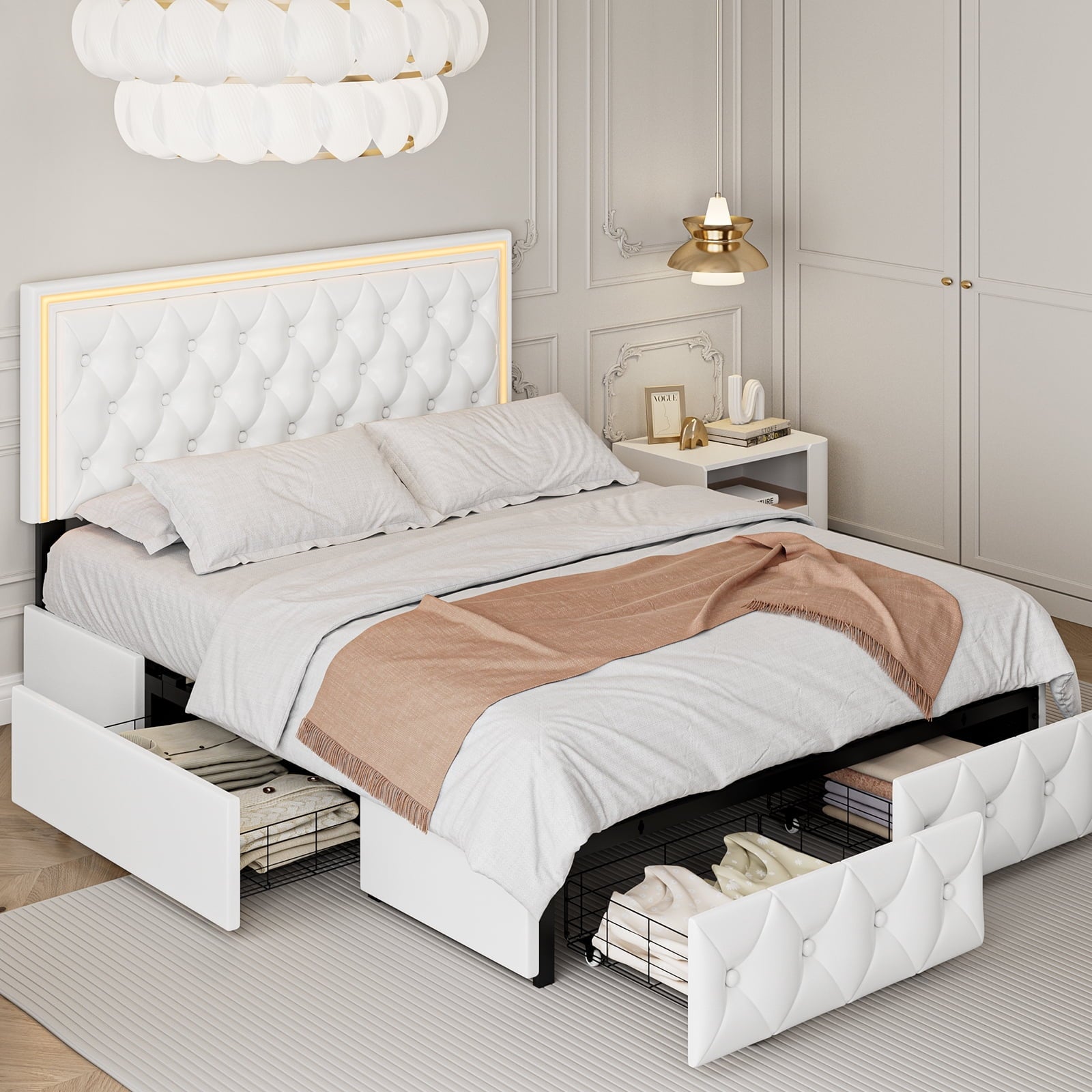 Homfa Queen LED Bed, 9 Colors LED Lights Platform Bed Frame with 4 Storage Drawers, Adjustable Upholstered Headboard with Button Tufted, PU White