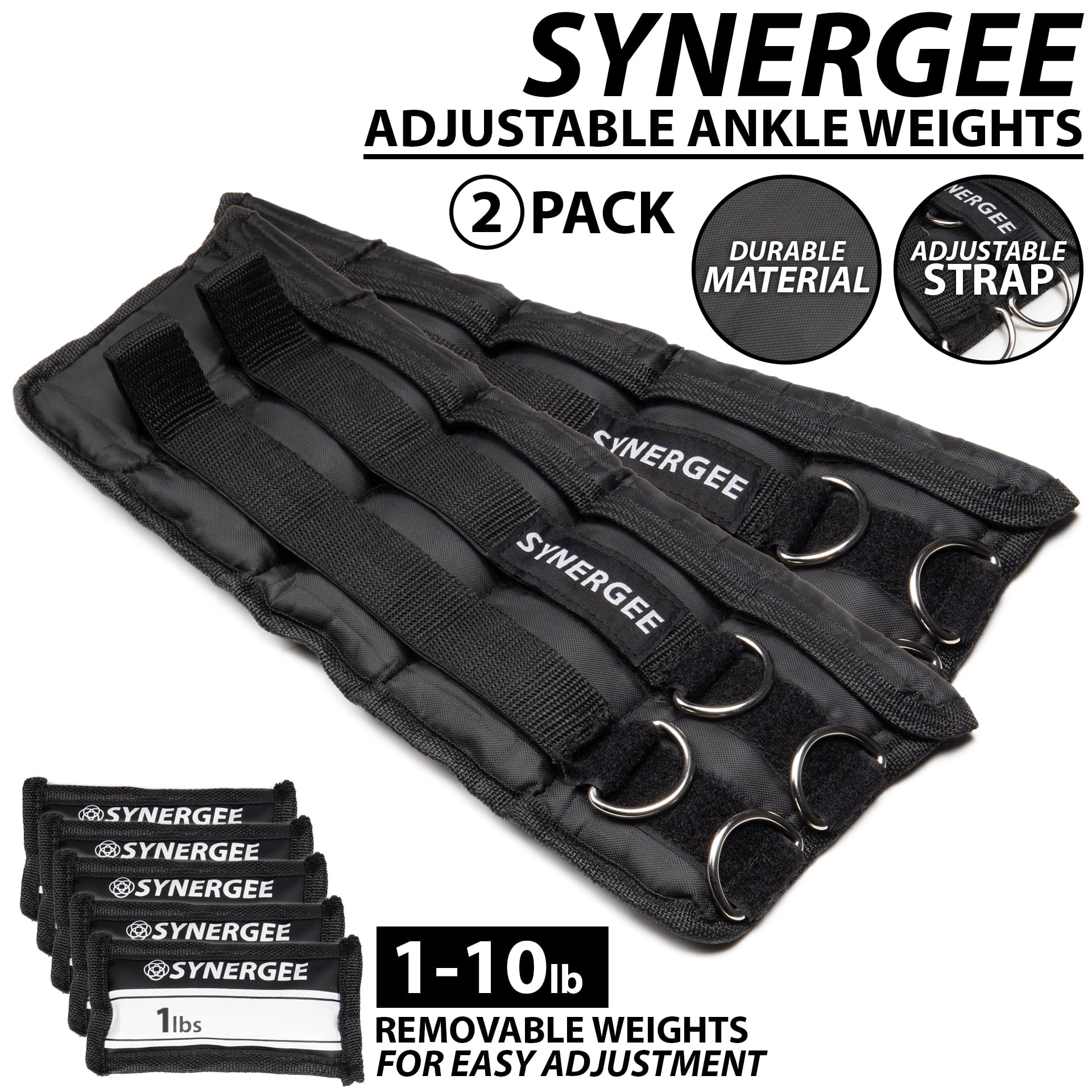 Synergee Comfort Fit 1-10lb Adjustable Ankle/Wrist Weights (Set of 2). One Size Fits All.