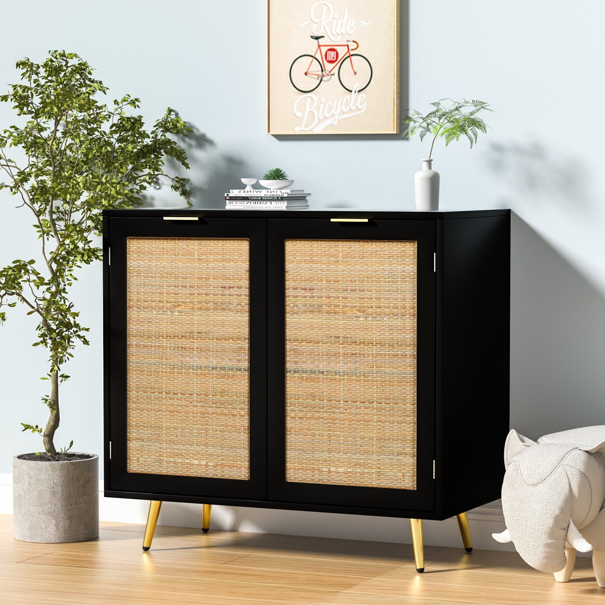 Anmytek Natural Rattan Black Buffet Sideboard Storage Cabinet with 2 Doors