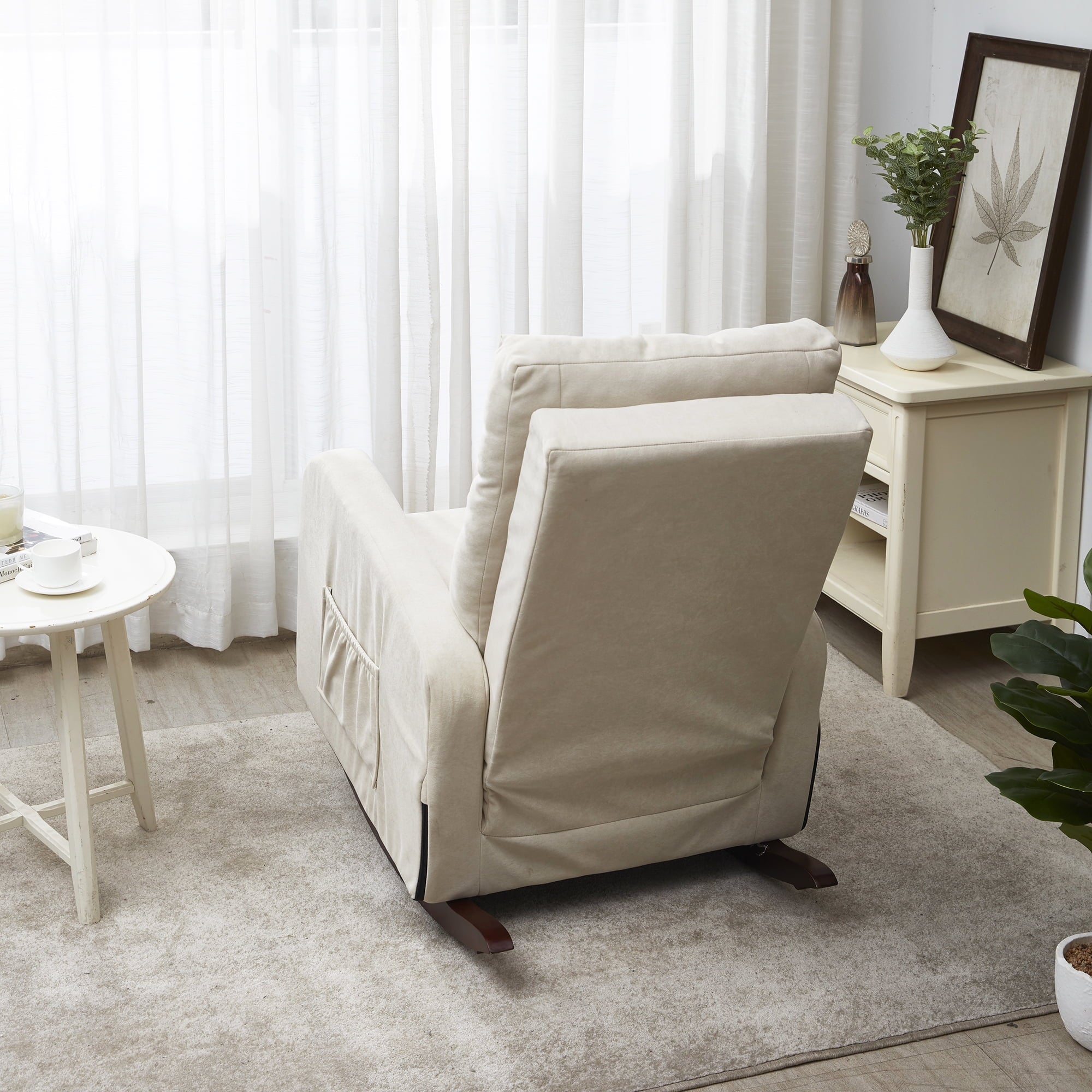 High Back Rocking Chair, Nursery Chair with Side Pocket, Linen Fabric Single Sofa Chair, Lazy Sofa Balcony Reclining Chair, Padded Armchair, for Living Room,Bedroom,Office, Beige