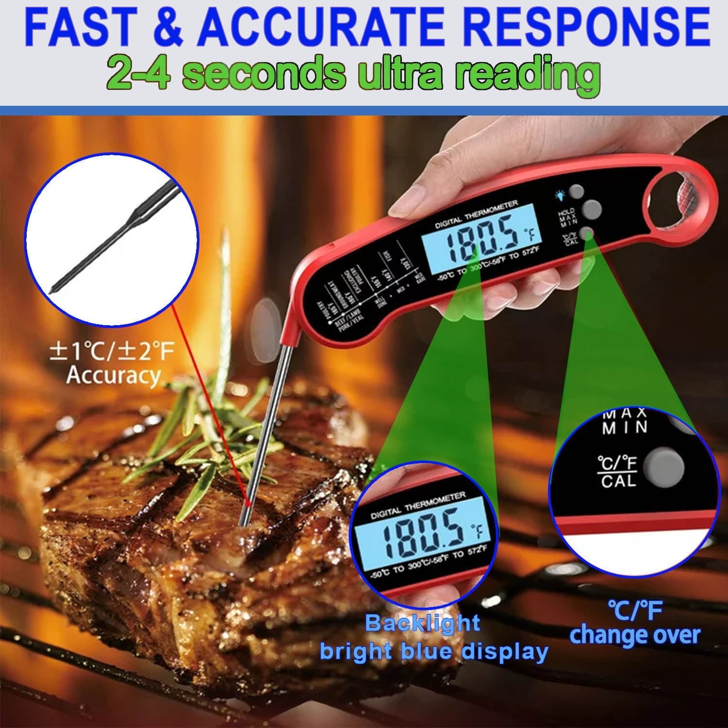 Digital Meat Thermometer with Probe for Cooking and Grilling,Ultra Fast Instant Read Food Thermometer,Waterproof Kitchen Wireless Grill Thermometer for BBQ Candy Baking with Backlight & Magnet