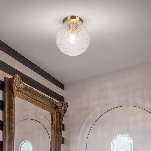 Walsh 8 in. 1-Light Antique Brass Flush Mount with Prismatic Glass Shade