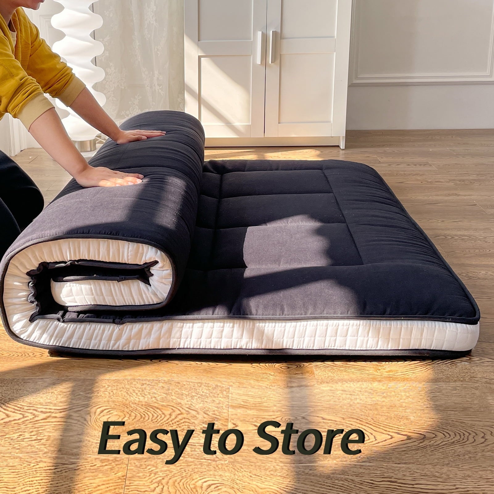 Mattress, Padded Japanese Floor Mattress Quilted Bed Mattress Topper, Extra Thick Folding Sleeping Pad with Bandage and Storage Bag, Twin Size